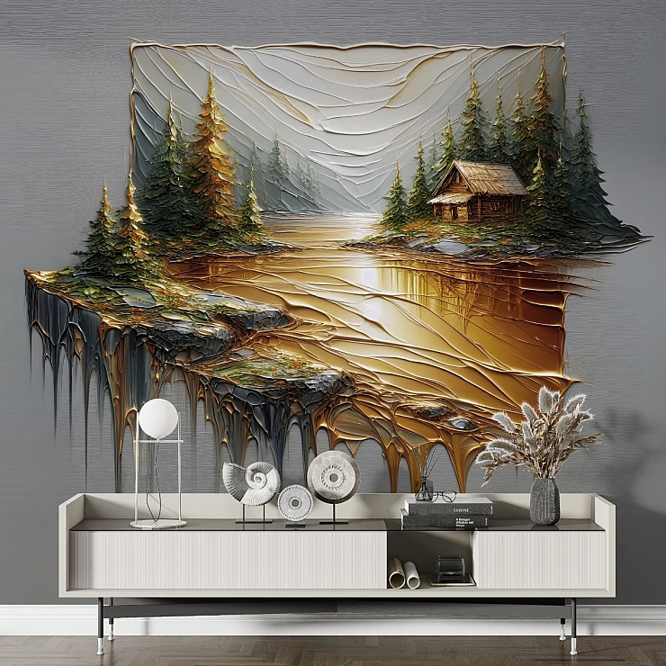 Golden Forest Cabin Wall Mural – 3D Layered Landscape Art Design