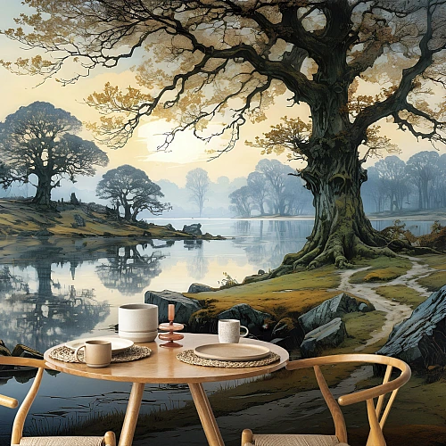 Mystic Lake Tree Wall Mural – Atmospheric Nature Landscape Wallpaper for Dining Room