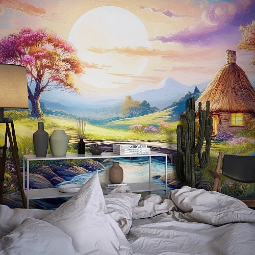 Dreamy Countryside Sunrise Wall Mural – Colorful Fantasy Landscape Design