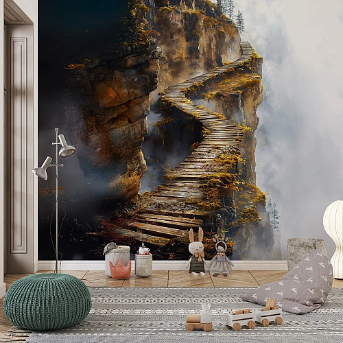Cliff Wooden Path Wall Mural – Misty Mountain Stairway Design