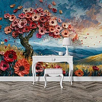 Artistic Blossom Tree Landscape Wall Mural – Colorful Floral Nature Wallpaper for Statement Interiors