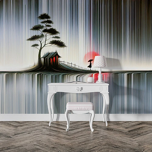 Zen Japanese Landscape Wall Mural – Abstract Line Art Nature Design