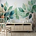 Elegant Green Leaf Wall Mural – Gold Detailed Botanical Wallpaper for Bedroom