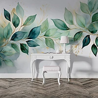 Elegant Green Leaf Wall Mural – Gold Detailed Botanical Wallpaper for Bedroom