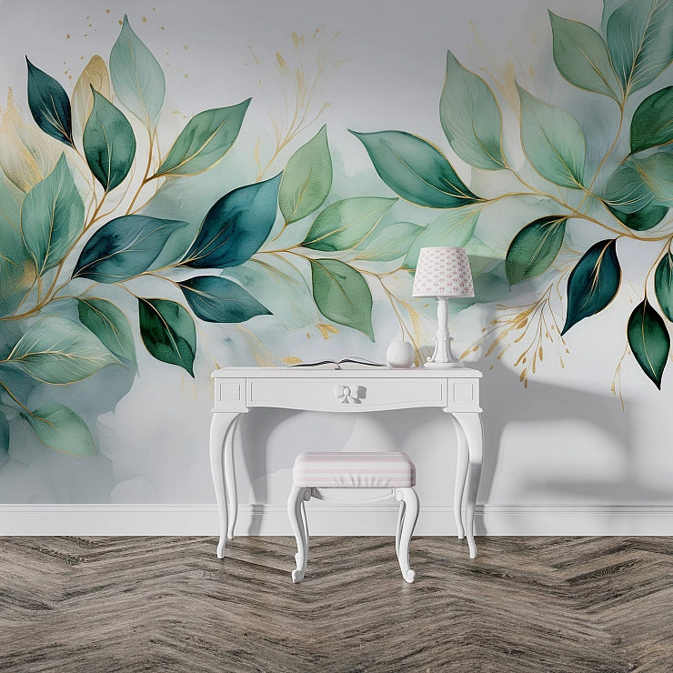Elegant Green Leaf Wall Mural – Gold Detailed Botanical Wallpaper for Bedroom