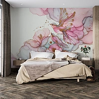 Elegant Bird Floral Wall Mural – Soft Pink Artistic Design