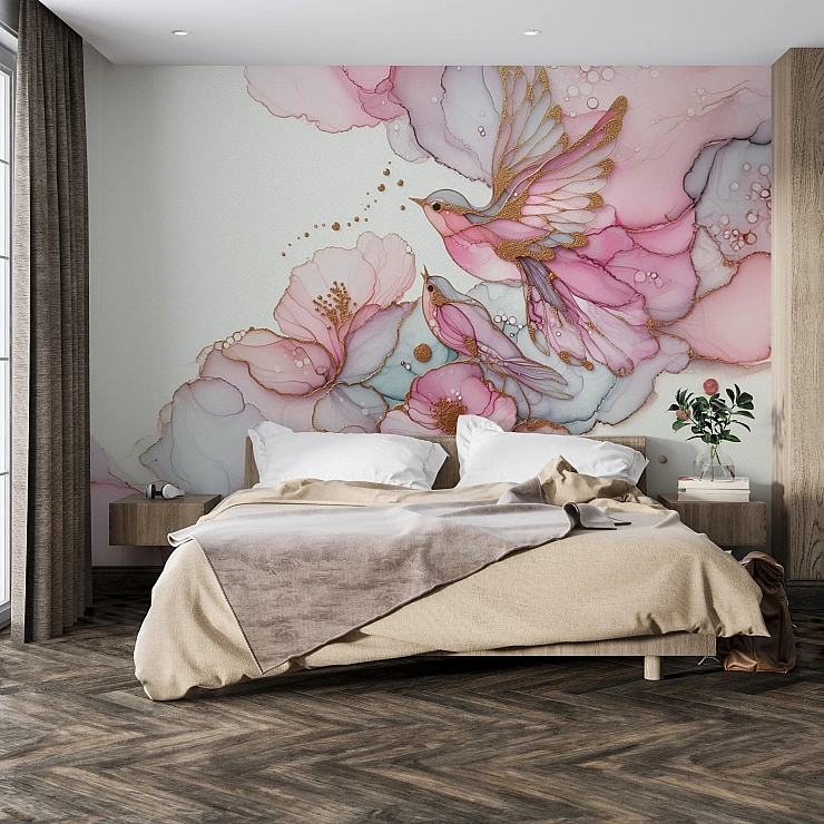 Elegant Bird Floral Wall Mural – Soft Pink Artistic Design Elegant Bird Floral Wall Mural – Soft Pink Artistic Design