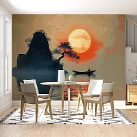 Zen Sunset Lake Wall Mural – Asian Boat Silhouette Design
