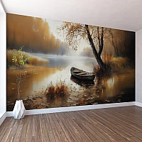 Autumn Lake Boat Wall Mural – Misty Golden Nature Landscape Design