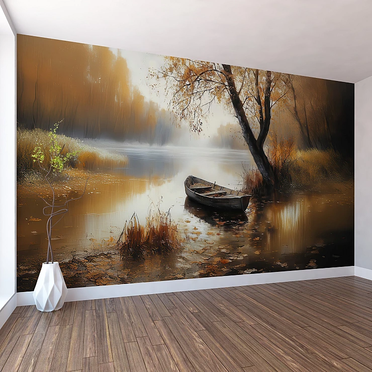 Autumn Lake Boat Wall Mural – Misty Golden Nature Landscape Design