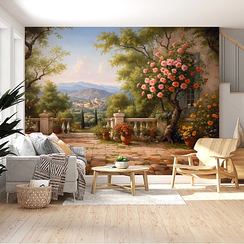 Mediterranean Terrace Landscape Wall Mural – Scenic Garden View Wallpaper for Living Spaces