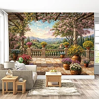 Tuscan Terrace Garden Wall Mural – Scenic Italian Landscape View