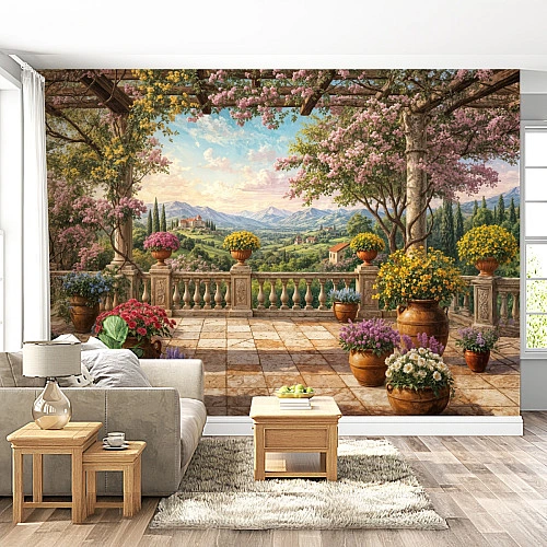 Tuscan Terrace Garden Wall Mural – Scenic Italian Landscape View Tuscan Terrace Garden Wall Mural – Scenic Italian Landscape View