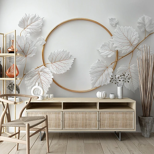 Minimal Leaf Circle Wall Mural – Elegant White Botanical Design