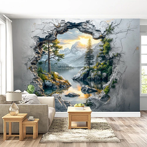 3D Broken Wall Mountain Lake Mural – Scenic Nature Illusion Wallpaper for Living Room
