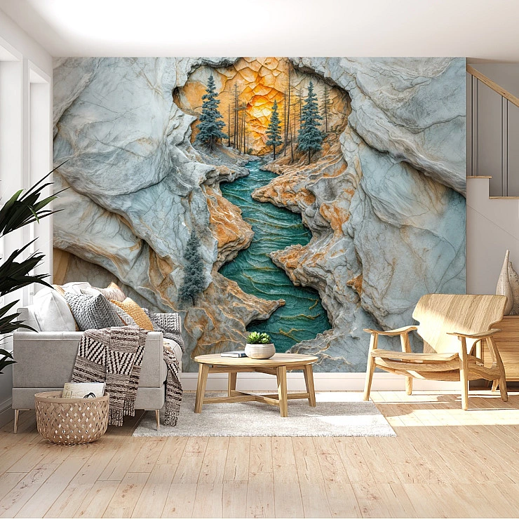 3D Canyon River Wall Mural – Sculpted Stone Landscape Wallpaper for Living Room