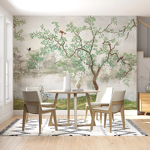 Elegant Garden Tree Wall Mural – Soft Nature Landscape Wallpaper for Dining Room