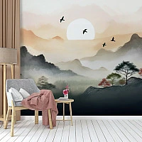 Serene Misty Mountains Wall Mural – Minimal Zen Landscape Wallpaper for Living Room