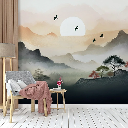Serene Misty Mountains Wall Mural – Minimal Zen Landscape Wallpaper for Living Room