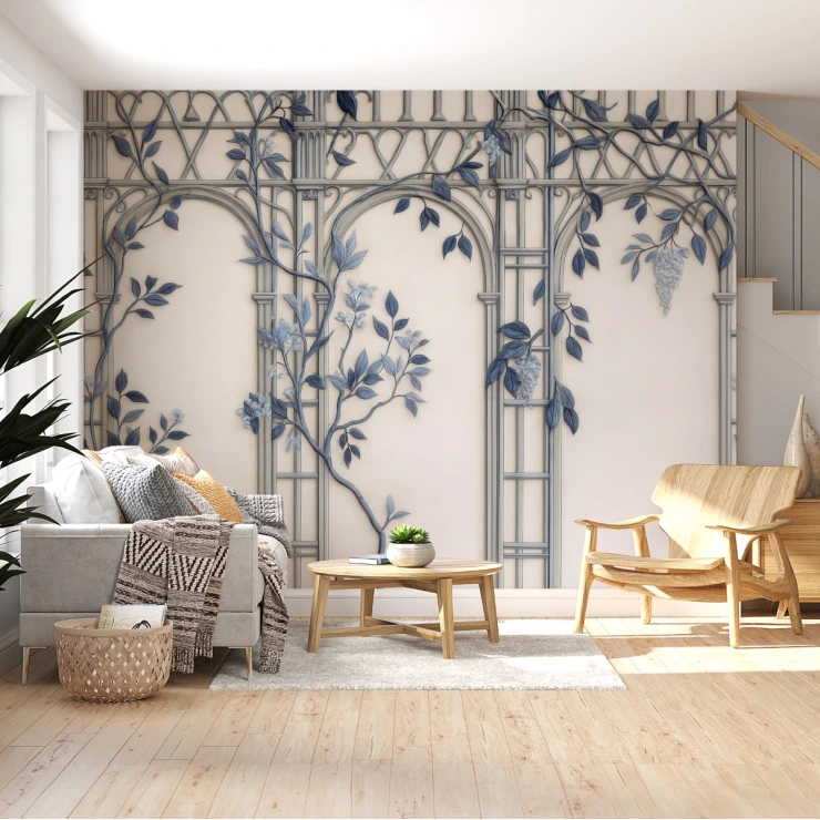 Blue Botanical Arch Wall Mural – Elegant Classic Garden Trellis Design