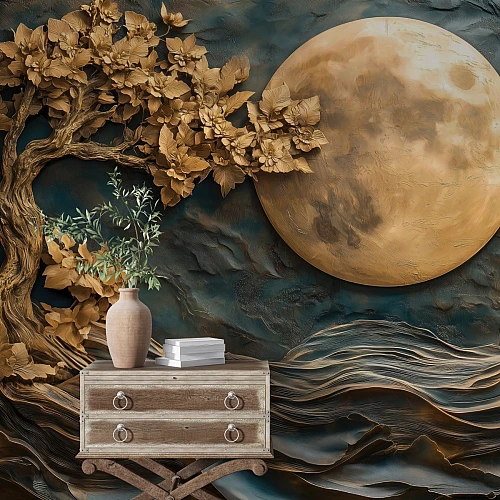 Golden Tree & Moon Wall Mural – Luxury Artistic Nature Design