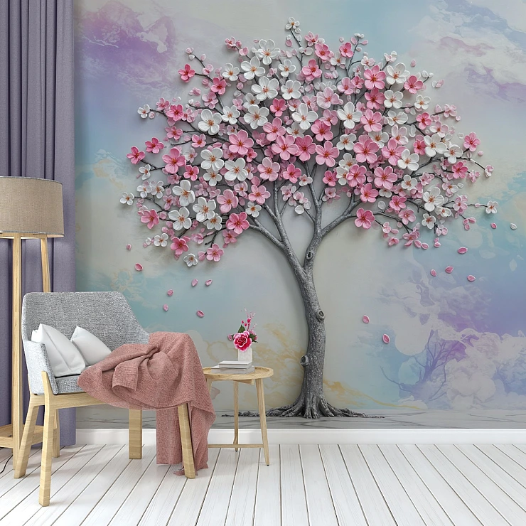 Pastel 3D Blossom Tree Wall Mural – Romantic Artistic Floral Statement Design
