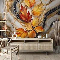 Autumn Leaves Marble Wall Mural – Warm Gold Nature Design