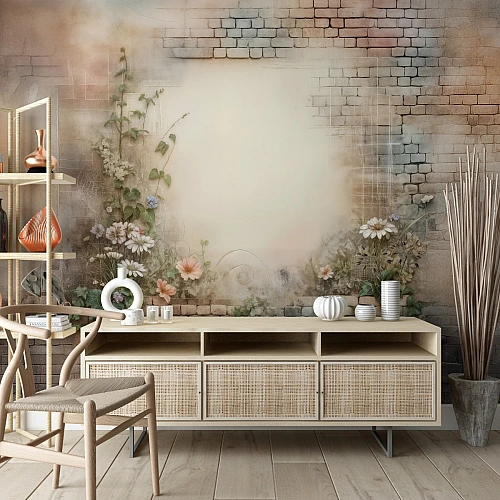 Vintage Floral Brick Wall Mural – Soft Rustic Botanical Wallpaper for Elegant Interiors