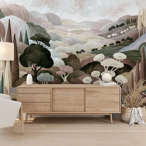 Pastel Hills Landscape Wall Mural – Artistic Nature Panorama Design