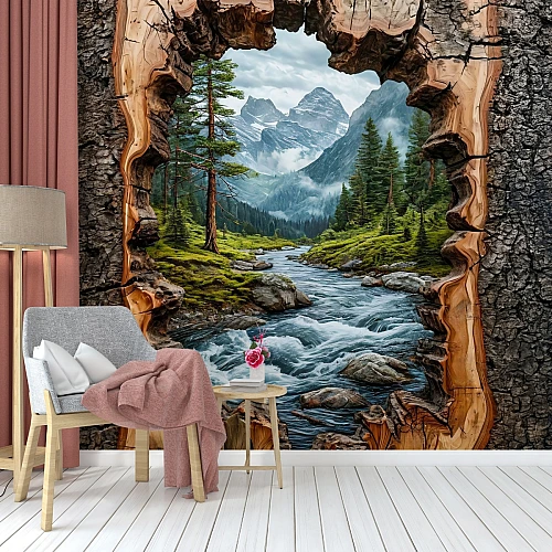 3D Tree Window Wall Mural – Mountain River Nature View Design