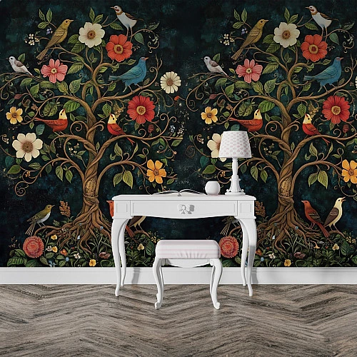 Vintage Tree of Life Wall Mural – Floral Bird Garden Design