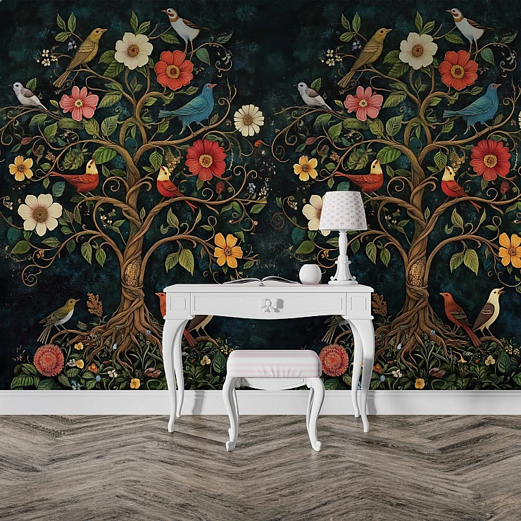 Vintage Tree of Life Wall Mural – Floral Bird Garden Design
