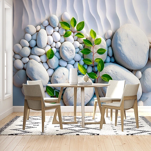 Zen Pebble Leaf Wall Mural – 3D Stone Balance Nature Design