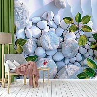 Zen Stone Garden Wall Mural – 3D Pebble & Botanical Design