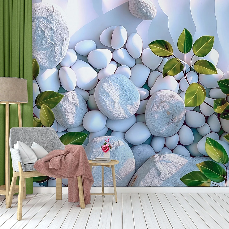 Zen Stone Garden Wall Mural – 3D Pebble & Botanical Design Zen Stone Garden Wall Mural – 3D Pebble & Botanical Design