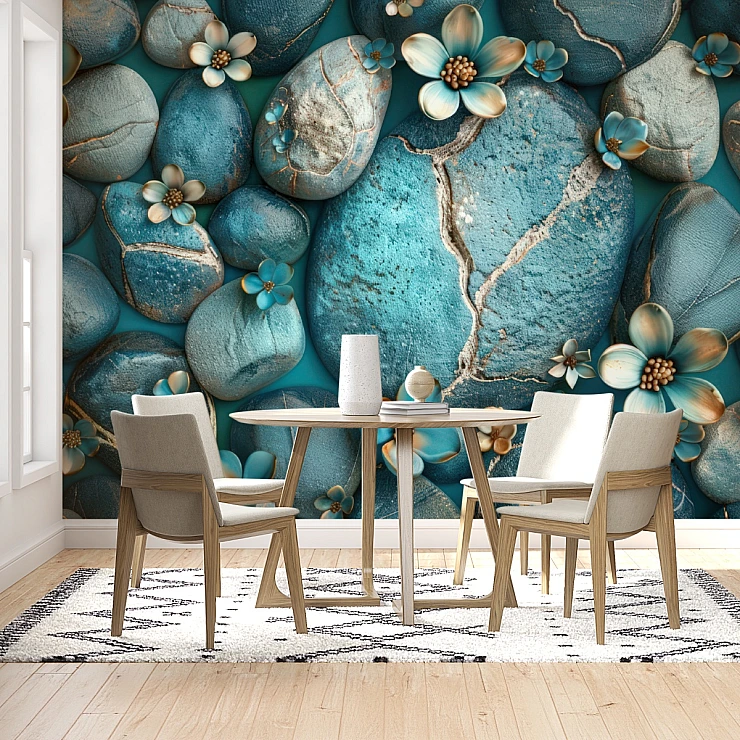 Turquoise Stone Floral Wall Mural – Luxury 3D Pebble Design