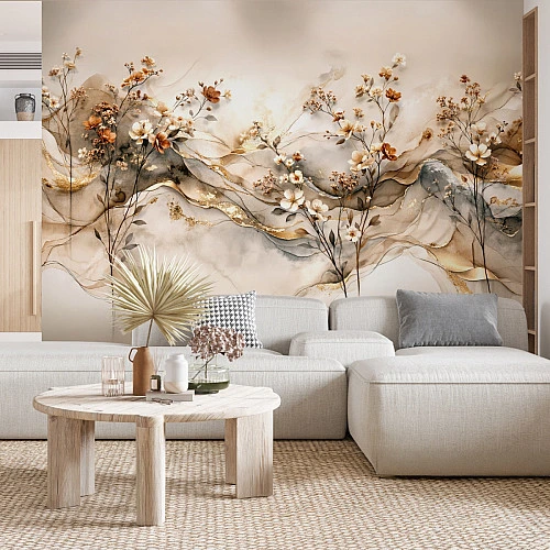 Elegant Beige Floral Wave Wall Mural – Gold Accent Botanical Design