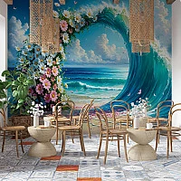 Tropical Wave Floral Arch Wall Mural – Ocean Paradise Beach Wallpaper for Café & Living Spaces