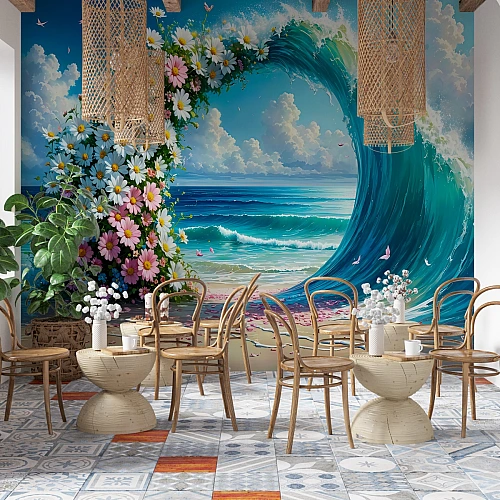 Tropical Wave Floral Arch Wall Mural – Ocean Paradise Beach Wallpaper for Café & Living Spaces