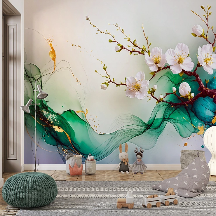 Emerald Flow Blossom Wall Mural – Abstract Floral Wave Design