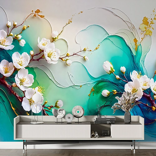 Turquoise Marble Blossom Wall Mural – Abstract Floral Luxury Design