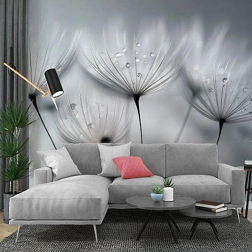 Grey Dandelion Wall Mural – Soft Macro Floral Nature Design