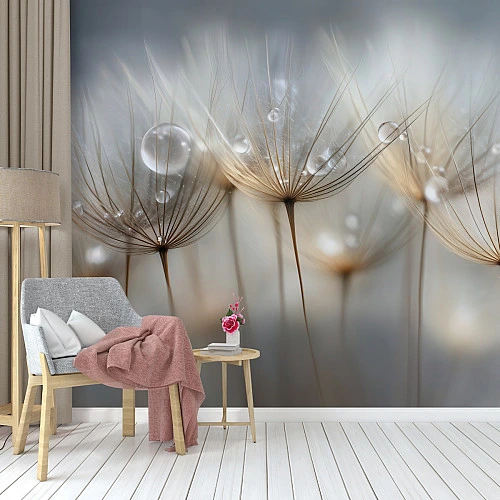 Warm Beige Dandelion Wall Mural – Soft Macro Floral Nature Design