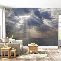 Dramatic Ocean Sky Wall Mural – Sun Rays & Seagulls Seascape Wallpaper for Living Room