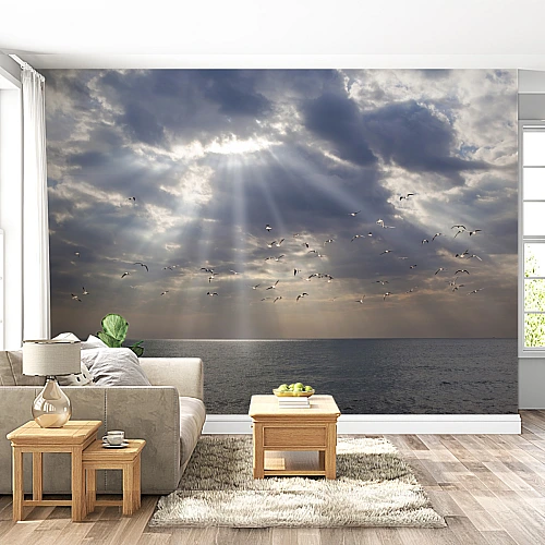 Dramatic Ocean Sky Wall Mural – Sun Rays & Seagulls Seascape Wallpaper for Living Room