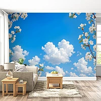 Blue Sky Blossom Wall Mural – Clouds & White Floral Frame Design
