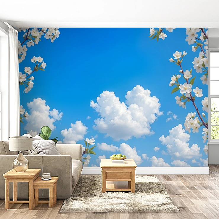 Blue Sky Blossom Wall Mural – Clouds & White Floral Frame Design