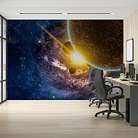 Epic Space Planets Wall Mural – Galaxy Light Burst Universe Design