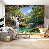 Waterfall Nature Wall Mural – Serene Forest River Landscape Design
