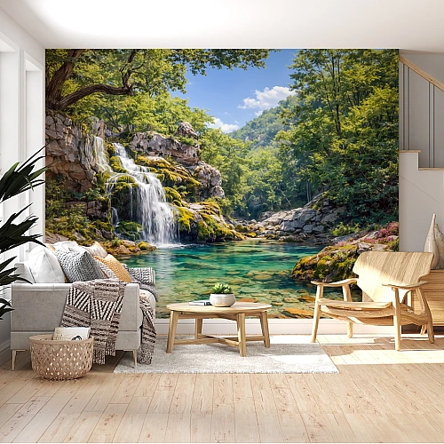 Waterfall Nature Wall Mural – Serene Forest River Landscape Design